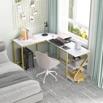 L-образный компьютерный стол с местом для хранения, Домашний игровой офис, Письменное рабочее место, Угловой стол, Белый Мрамор, Золото Изображение 2