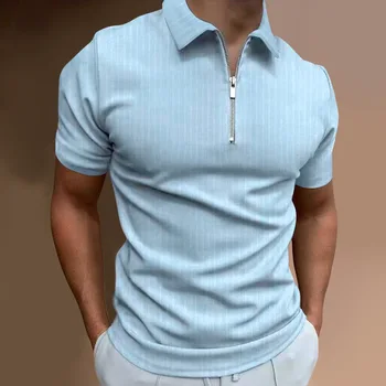 2023 Новая мужская летняя полосатая рубашка поло для фитнеса с короткими рукавами, мужская модная рубашка поло с отворотом на молнии, трендовая мужская рубашка поло