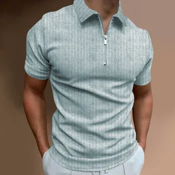 2023 Новая мужская летняя полосатая рубашка поло для фитнеса с короткими рукавами, мужская модная рубашка поло с отворотом на молнии, трендовая мужская рубашка поло Изображение 2
