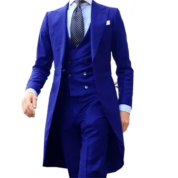 Королевский синий длинный фрак из 3 предметов Джентльменские мужские костюмы Мужская мода Смокинг жениха для свадьбы, выпускного вечера Куртка Жилет с брюками