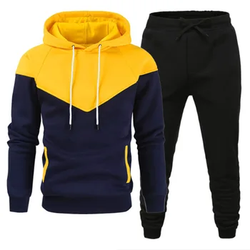 Костюм с капюшоном, осенние и зимние модели, мужской топ + брюки, подростковый повседневный спортивный костюм, модный пуловер контрастного цвета, куртка Изображение 2