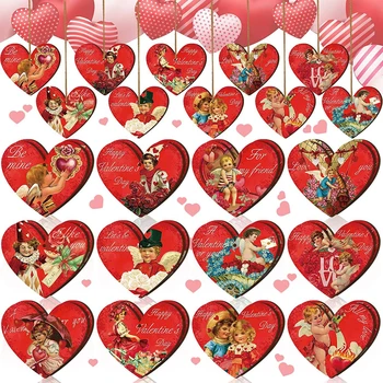 24шт Декор в виде деревянного сердца на День Святого Валентина, винтажное подвесное украшение в форме сердца для свадебной вечеринки на День Святого Валентина 2024 г.