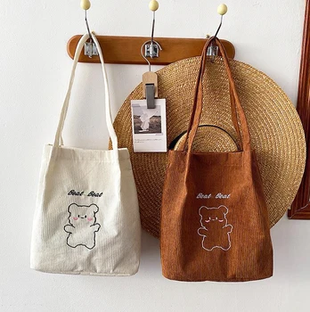 Модная вельветовая сумочка, сумки для покупок с принтом милого Медведя, прочная холщовая сумка для покупок на плечо, мультяшная сумка большой емкости Изображение 2