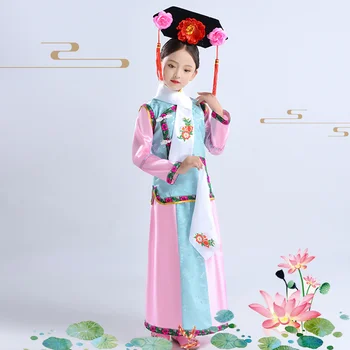 Древние дети Династии Цин, детское платье Ханфу, одежда для китайского Нового года, традиционные костюмы для косплея для девочек, одежда Изображение 2