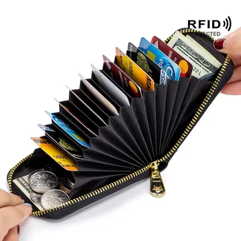 Мужской женский держатель для карт из натуральной кожи, маленький кошелек на молнии, массивный кошелек для монет, дизайн кольца для ключей, rfid ID, деловые сумки для кредитных карт Изображение 2