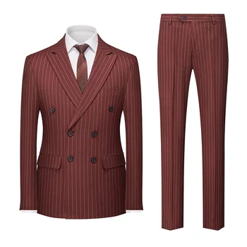 M-5XL-Новая высококачественная мужская одежда в полоску (костюм + жилет + брюки) Классический однотонный модный костюм-тройка с двойным разрезом Изображение 2