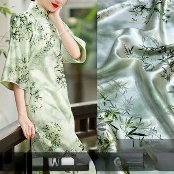 Изготовленное на заказ платье из эластичного атласа с листьями бамбука, шелковая ткань Чонсам для пошива весенней и летней одежды