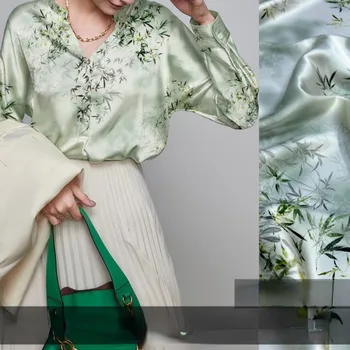Изготовленное на заказ платье из эластичного атласа с листьями бамбука, шелковая ткань Чонсам для пошива весенней и летней одежды Изображение 2