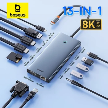 Baseus USB Type C-HDMI-Совместимый Адаптер-Концентратор 13-В-1 DP 4K 60Hz 120Hz RJ45 VGA Конвертер PD 100W USB 3.0 2.0 Для ПК Macbook