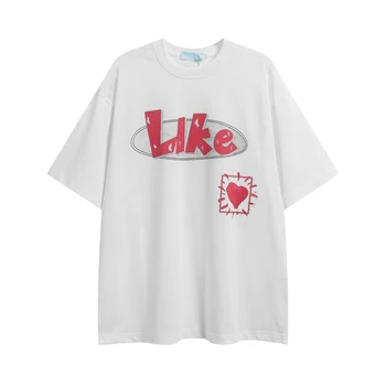 Летняя новинка 2023 года, хлопковая футболка с принтом LIKE, повседневная Свободная футболка с круглым вырезом для мужчин и женщин Изображение 2