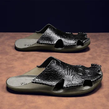 Новая летняя мужская обувь, роскошная повседневная обувь из кожи крокодиловой кожи, брендовые мужские сандалии без застежки, модные пляжные сандалии, Большой размер 46