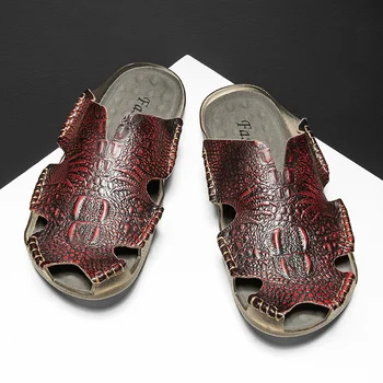 Новая летняя мужская обувь, роскошная повседневная обувь из кожи крокодиловой кожи, брендовые мужские сандалии без застежки, модные пляжные сандалии, Большой размер 46 Изображение 2