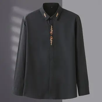 Весенне-осенняя новая однотонная модная рубашка с вышивкой, мужской повседневный кардиган с длинными рукавами и пуговицами, английские офисные топы