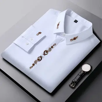 Весенне-осенняя новая однотонная модная рубашка с вышивкой, мужской повседневный кардиган с длинными рукавами и пуговицами, английские офисные топы Изображение 2