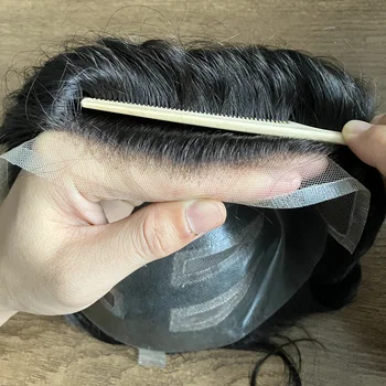 Отбеленные узлы, Европейские системы натуральных человеческих волос, Парик с волнистостью 30 мм, Швейцарское кружево для белых мужчин Изображение 2