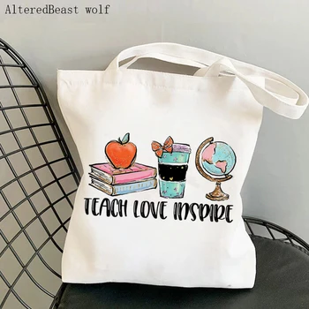 Женская сумка для покупок, учительница географии, Учи Любить, Вдохновляй, Леопардовая сумка, холщовая сумка для учителей в стиле харадзюку, женская сумка-тоут