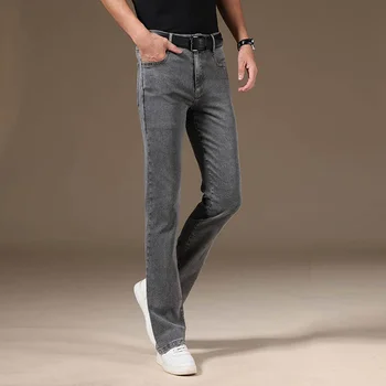 Мужские эластичные джинсы-клеш со средней талией, летние тонкие брюки-клеш