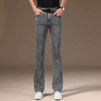 Мужские эластичные джинсы-клеш со средней талией, летние тонкие брюки-клеш Изображение 2