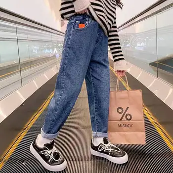 Модные тенденции, джинсы для девочек the Four Seasons 2023, новая детская нашивка, свободные прямые брюки с эластичной резинкой на талии, для детей, повседневные прямые брюки Изображение 2