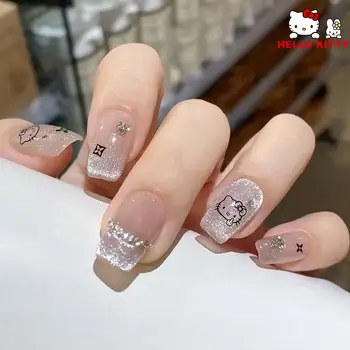 Короткий маникюр ручной работы Sanrio Hello Kitty, Милое постепенное наращивание ногтей для студентов 2023 г. Изображение 2