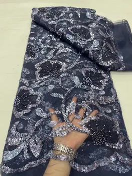 Фиолетовая роскошная Африканская кружевная ткань с тяжелым бисером 2023 года, высококачественная 5 ярдов, нигерийский тюль с пайетками, 3D ткань для свадьбы