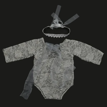 Наряд для детской фотосессии, кружевное платье-ползунки с бантом на голове для новорожденного Изображение 2