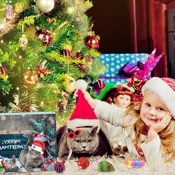 Адвент-календарь для кошек С обратным отсчетом до Рождества с 24 днями игрушек для кошек, игрушек из кошачьей мяты, мышей, календарного орнамента, рождественских украшений Изображение 2