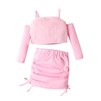 Одежда для маленькой девочки из 2 предметов, укороченные топы с открытыми плечами и длинными рукавами, мини-юбка на завязках, наряды