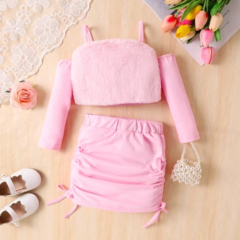 Одежда для маленькой девочки из 2 предметов, укороченные топы с открытыми плечами и длинными рукавами, мини-юбка на завязках, наряды Изображение 2