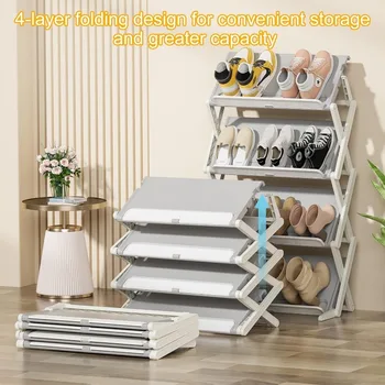 4-уровневый шкаф для хранения обуви, 12 пар пластиковых полок для обуви, органайзер для шкафа, прихожая, спальня, прихожая, прозрачный пластиковый складной Изображение 2