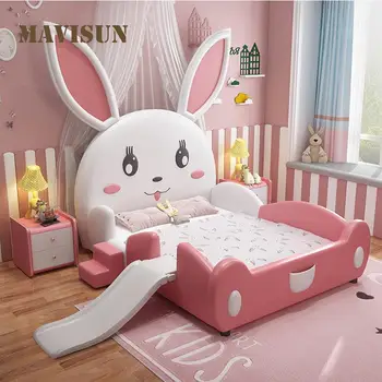 Розовая кровать Принцессы Для детей от 3 до 16 лет, мебель из массива Дерева, Детская кровать для девочек в форме милого кролика С ограждением