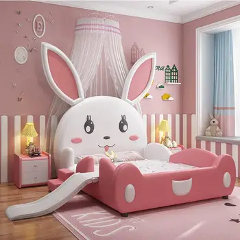 Розовая кровать Принцессы Для детей от 3 до 16 лет, мебель из массива Дерева, Детская кровать для девочек в форме милого кролика С ограждением Изображение 2