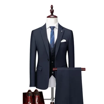 Темно-синий мужской костюм Lansboter, 3 предмета, свадебная корейская версия, тренд, облегающий офис, Красивый официальный комплект, куртка, жилет со штанами