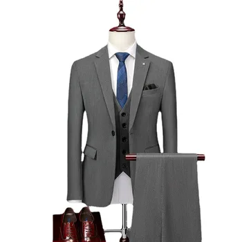 Темно-синий мужской костюм Lansboter, 3 предмета, свадебная корейская версия, тренд, облегающий офис, Красивый официальный комплект, куртка, жилет со штанами Изображение 2