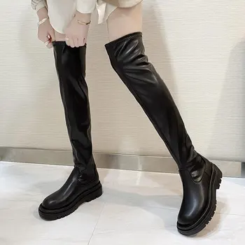 Женские ботфорты выше колена из искусственной кожи, осенне-зимняя женская обувь на мягкой платформе, Модные женские ботинки 2022 года, женские длинные сапоги Изображение 2