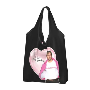 Большие многоразовые продуктовые сумки I Love Ryan Gosling, перерабатываемые, Складная сумка-тоут с розовым сердечком, моющаяся, помещается в карман
