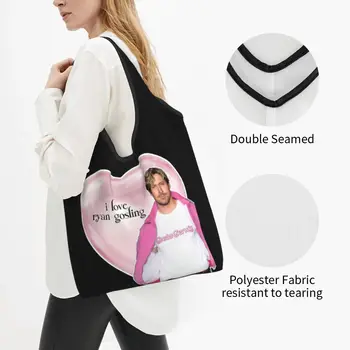 Большие многоразовые продуктовые сумки I Love Ryan Gosling, перерабатываемые, Складная сумка-тоут с розовым сердечком, моющаяся, помещается в карман Изображение 2
