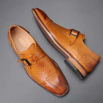 Мужская деловая одежда, офисная обувь из змеиной зернистой кожи, мужская обувь с пряжкой, повседневная свадебная мода, мужские туфли на плоской подошве