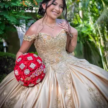 Пышное платье Lorencia цвета Шампанского С Золотой Кружевной Аппликацией, Расшитое Бисером, Бальное Платье С Бантом, Мексиканский Корсет Sweet 16 Vestidos De 15 Años YQD594 Изображение 2