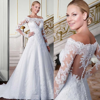 Изысканное свадебное платье трапециевидной формы из тюля с вырезом с открытыми плечами, длинные рукава, кристаллы, чистое белое Бразильское свадебное платье
