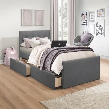 Двуспальная кровать на платформе с мягкой обивкой Emory и 2 ящиками для хранения, серая, от Hillsdale Living Essentials