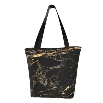 Черная Мраморная сумка для покупок с золотыми прожилками, женская современная геометрическая холщовая сумка для покупок через плечо, сумка большой емкости