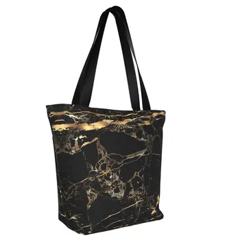 Черная Мраморная сумка для покупок с золотыми прожилками, женская современная геометрическая холщовая сумка для покупок через плечо, сумка большой емкости Изображение 2