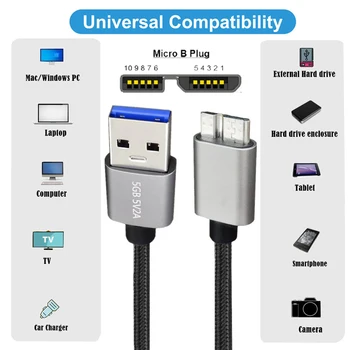 Удлинитель кабеля USB 3.0 Type-A к Micro 3.0/USB3.0 A/B Серебристый 5 Гбит/с для передачи данных с камеры SSD 30 см Изображение 2