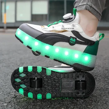 Тренд 2023 года, детская обувь для роликовых коньков на четырех колесах Для мальчиков и девочек, поворотная пряжка, светодиодные кроссовки, уличная детская повседневная обувь Изображение 2