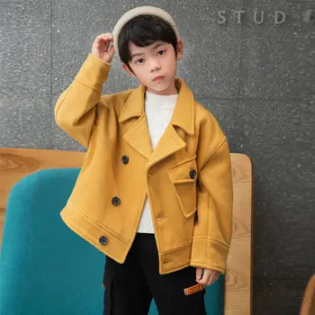 Шерстяное пальто для мальчиков, двубортное, однотонное, осень-зима 2023, Утепленная теплая кашемировая детская одежда, Корейская верхняя одежда, пальто
