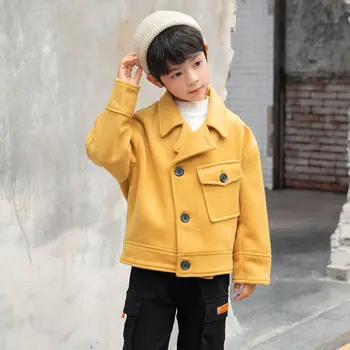 Шерстяное пальто для мальчиков, двубортное, однотонное, осень-зима 2023, Утепленная теплая кашемировая детская одежда, Корейская верхняя одежда, пальто Изображение 2