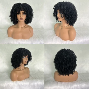 Короткие кудрявые парики с челкой SOKU для чернокожих женщин, натуральные черные афро-кудрявые, пушистые, с упругими завитками, синтетический парик для ежедневного использования Изображение 2