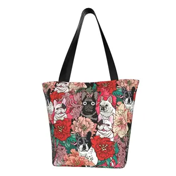 Милая сумка для покупок с цветами французского бульдога, многоразовая сумка для любителей французских собак, холщовая сумка для покупок через плечо