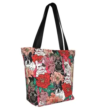 Милая сумка для покупок с цветами французского бульдога, многоразовая сумка для любителей французских собак, холщовая сумка для покупок через плечо Изображение 2